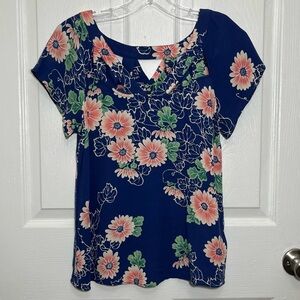 MAEVE Anthropologie Blue Floral Cut out Cap Sleeve Top | size 4 (small)